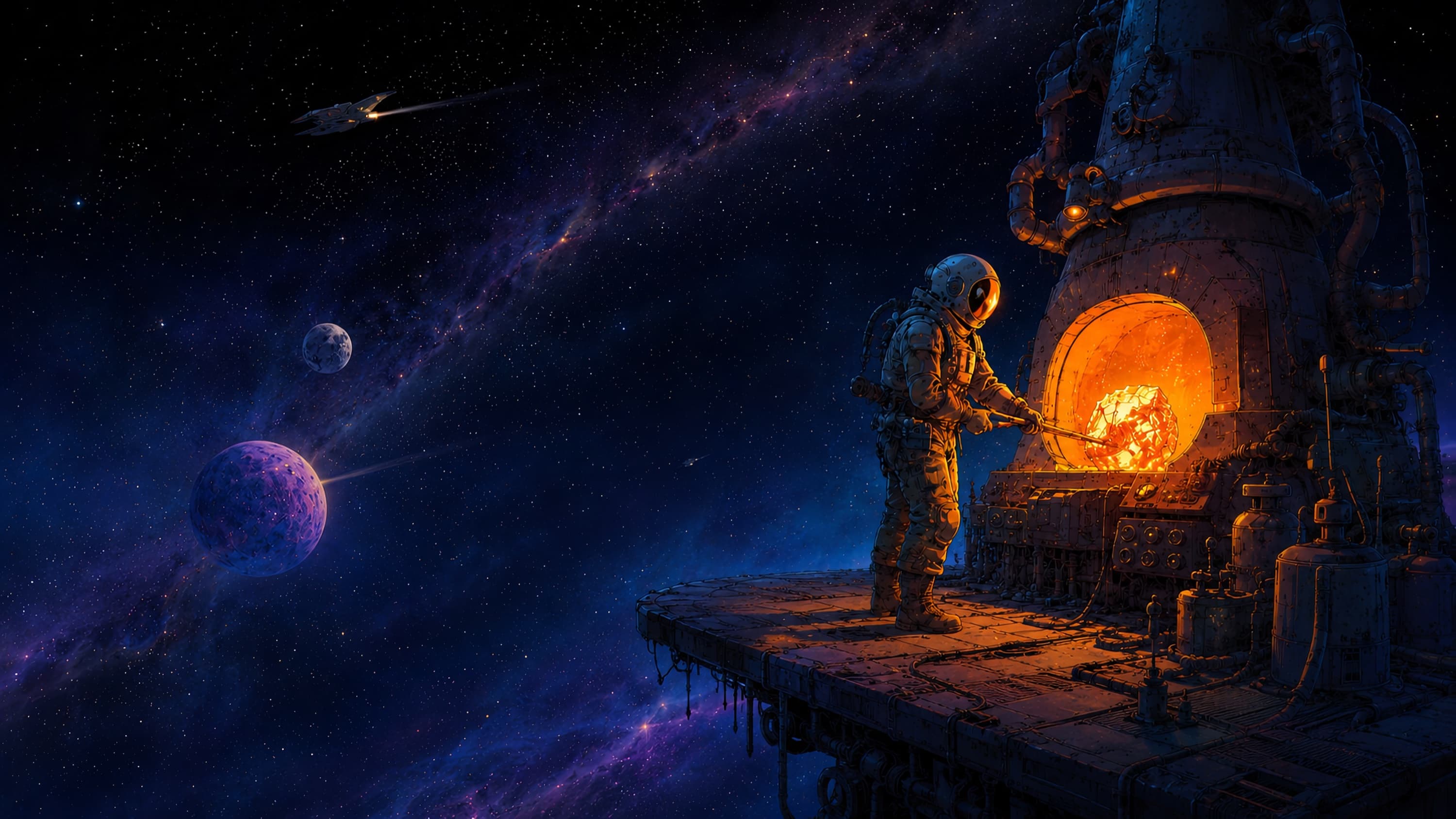 An astronaut working a forge on a platform suspended in deep space, with planets and a galaxy behind
